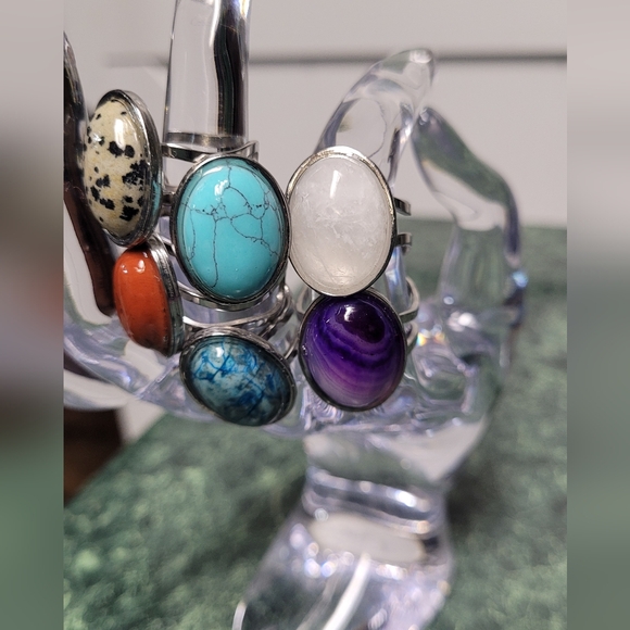 Multi-Variety Stone Silver Stainless Steel Rings Size 7-8 - Picture 6 of 16